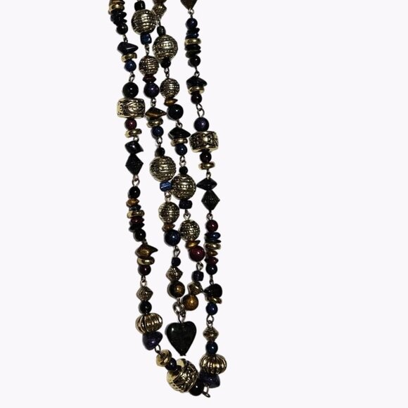 Elegant Art Deco Gold Tone Blue Chunky Gemstone Beaded Heart Pendant Necklace - Picture 1 of 9